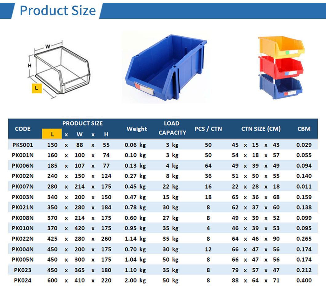 size chart of plastic storage bins